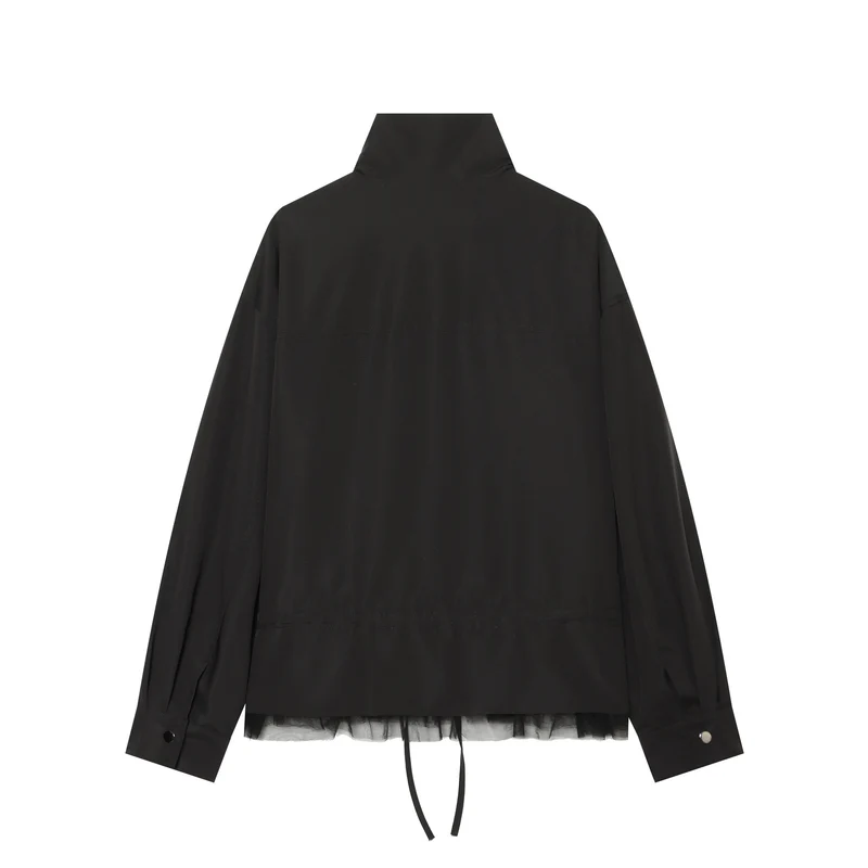 Damen Leichte Cropped Übergangsjacke mit Stehkragen, Tunnelzugtaillierung und Tüllbesatz Drune