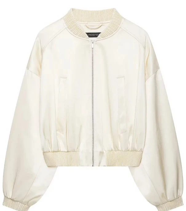 Damen Leichte Cropped Bomberjacke aus Satinoptik mit Rippenbündchen und überschnittener Schulter Drune
