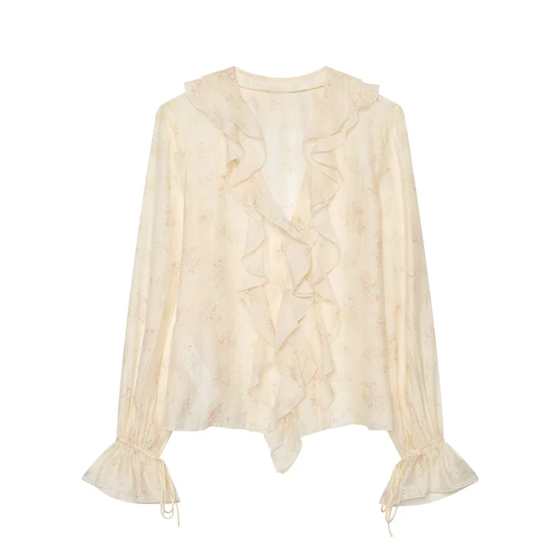 Damen Leichte Chiffonbluse mit Volantkragen V‑Ausschnitt und gerafften Manschetten Drune