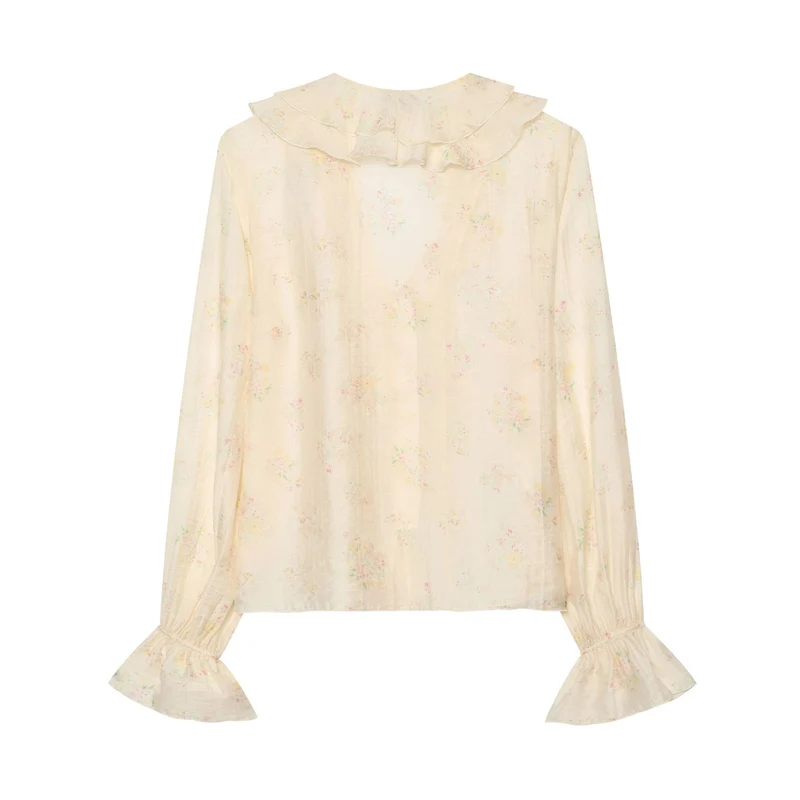 Damen Leichte Chiffonbluse mit Volantkragen V‑Ausschnitt und gerafften Manschetten Drune