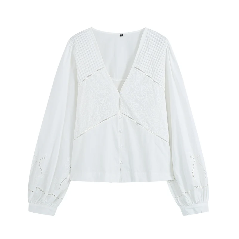 Damen Leichte Bluse mit V‑Ausschnitt, Plissee‑Schulterpasse und Broderie‑Anglaise Drune