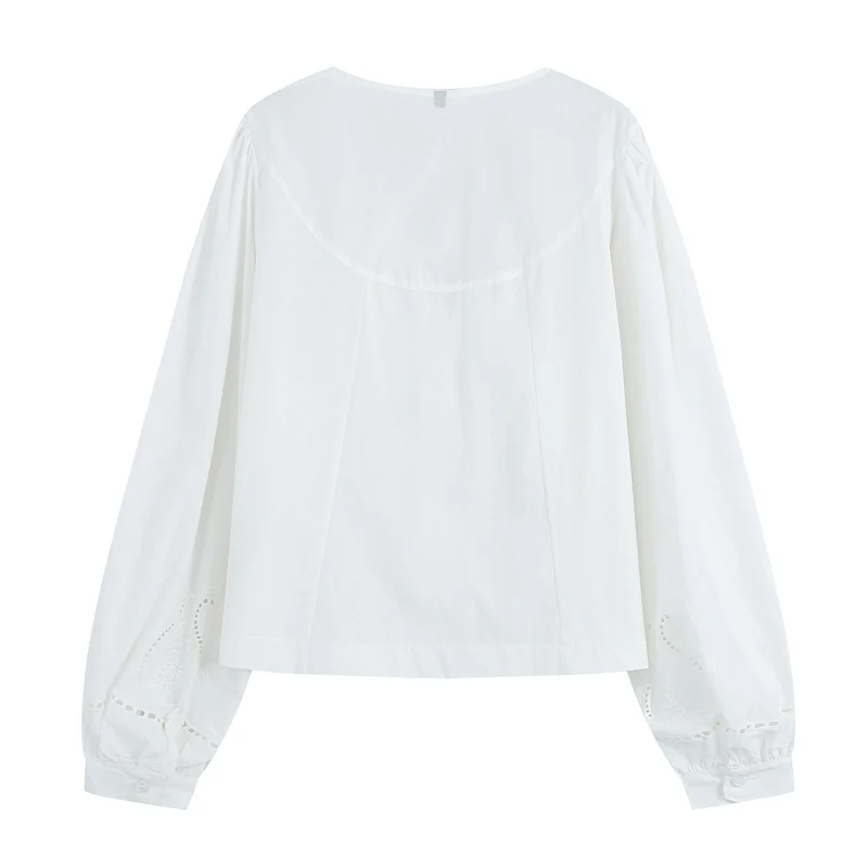 Damen Leichte Bluse mit V‑Ausschnitt, Plissee‑Schulterpasse und Broderie‑Anglaise Drune