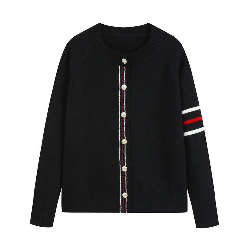 Damen Lässiger Rippstrick‑Cardigan mit Goldknöpfen und sportiven Ärmelstreifen Drune