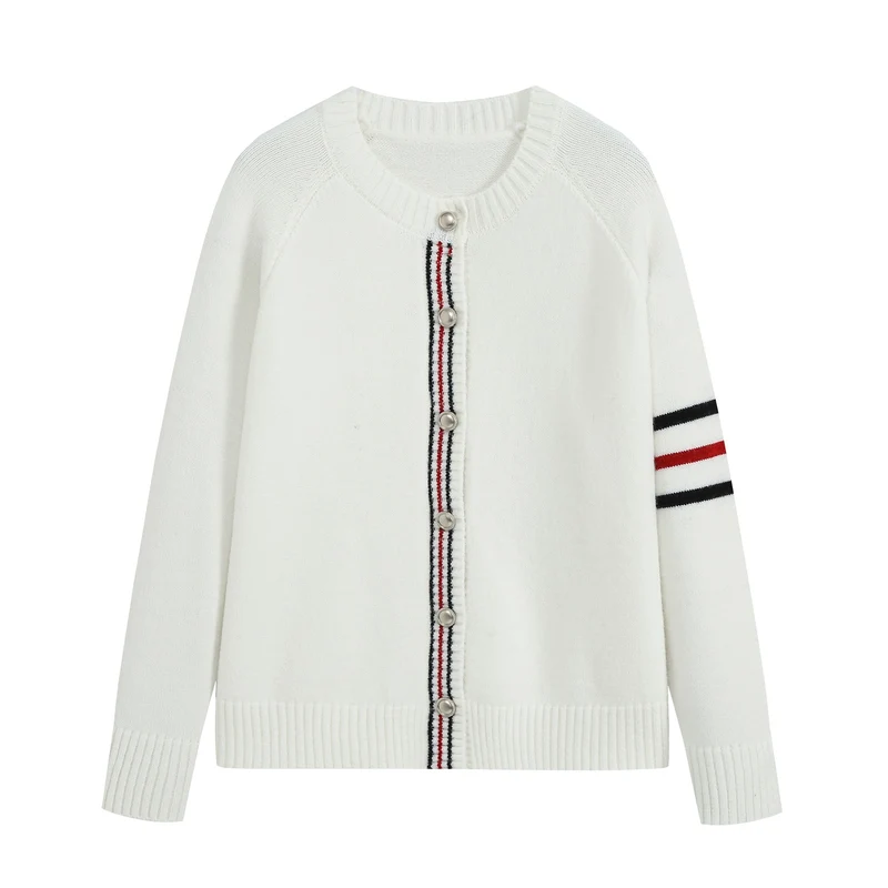 Damen Lässiger Rippstrick‑Cardigan mit Goldknöpfen und sportiven Ärmelstreifen Drune