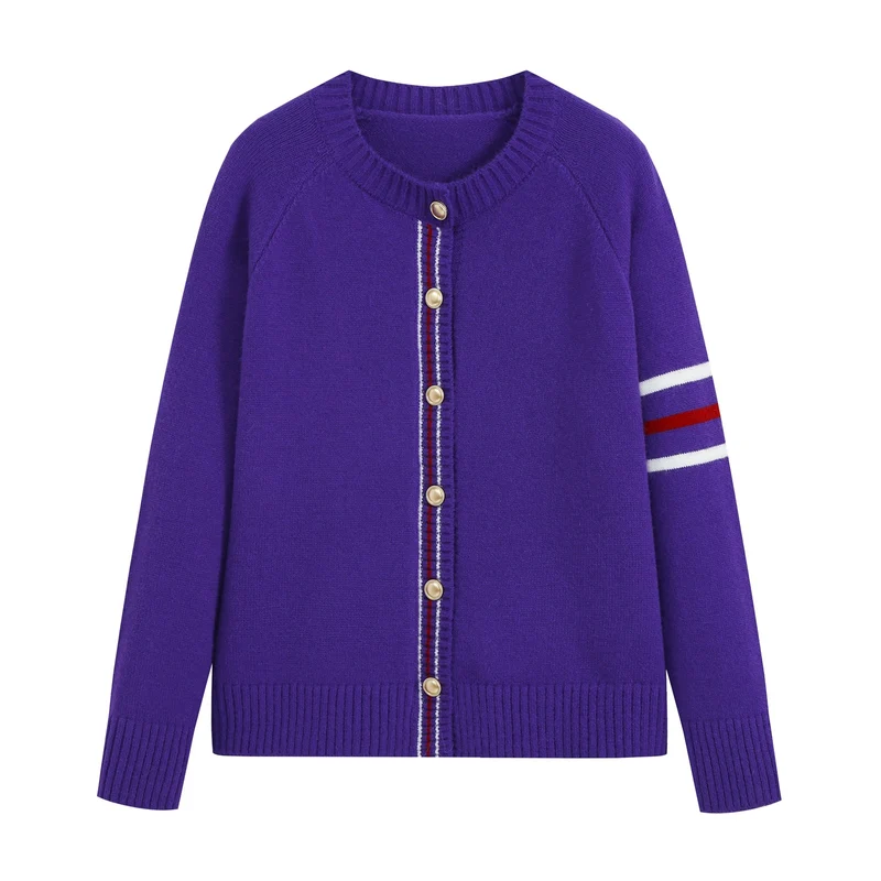 Damen Lässiger Rippstrick‑Cardigan mit Goldknöpfen und sportiven Ärmelstreifen Drune