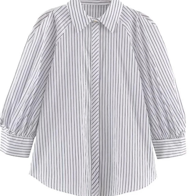 Damen Längsgestreifte Oversize‑Hemdbluse mit ellbogenlangen Ballonärmeln und verdeckter Knopfleiste Drune