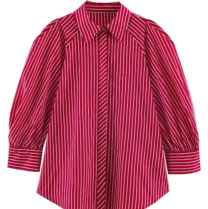 Damen Längsgestreifte Oversize‑Hemdbluse mit ellbogenlangen Ballonärmeln und verdeckter Knopfleiste Drune
