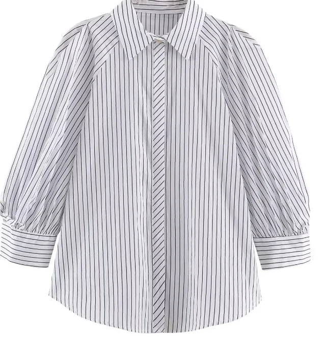 Damen Längsgestreifte Oversize‑Hemdbluse mit ellbogenlangen Ballonärmeln und verdeckter Knopfleiste Drune