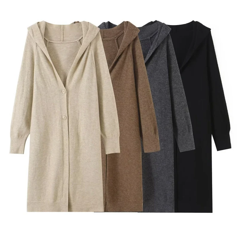 Damen Langer Kapuzen-Cardigan aus Feinstrick mit Knopfleiste und Rippbündchen Drune