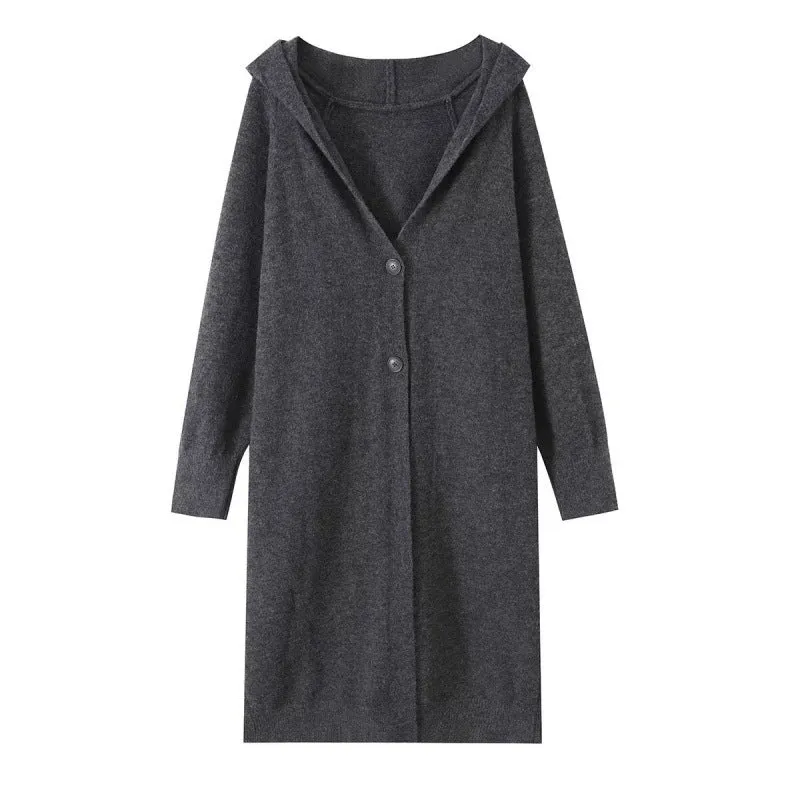 Damen Langer Kapuzen-Cardigan aus Feinstrick mit Knopfleiste und Rippbündchen Drune