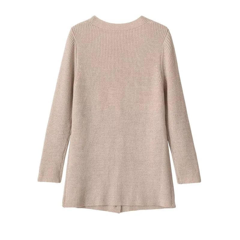 Damen Langer Feinstrick-Cardigan mit tiefem V‑Ausschnitt und Holzknöpfen Drune