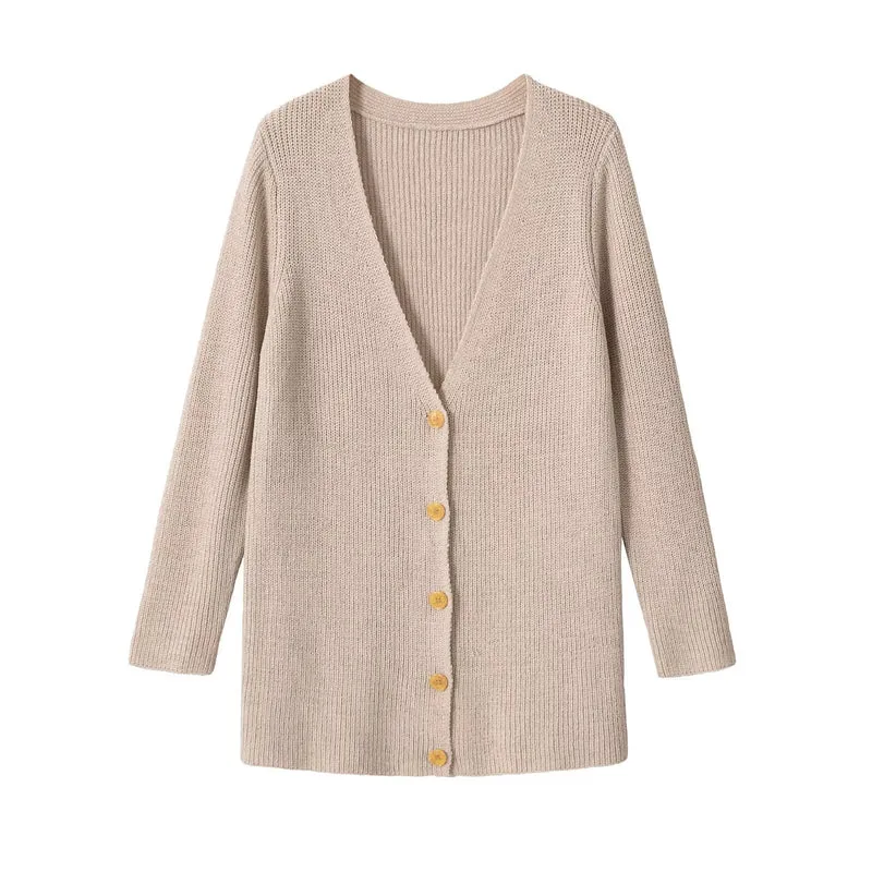 Damen Langer Feinstrick-Cardigan mit tiefem V‑Ausschnitt und Holzknöpfen Drune