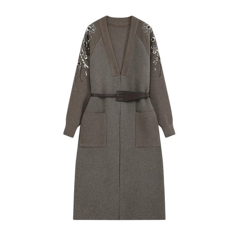 Damen Lange Strickjacke mit Gürtel, tiefem V‑Ausschnitt und bestickten Paillettenärmeln Drune