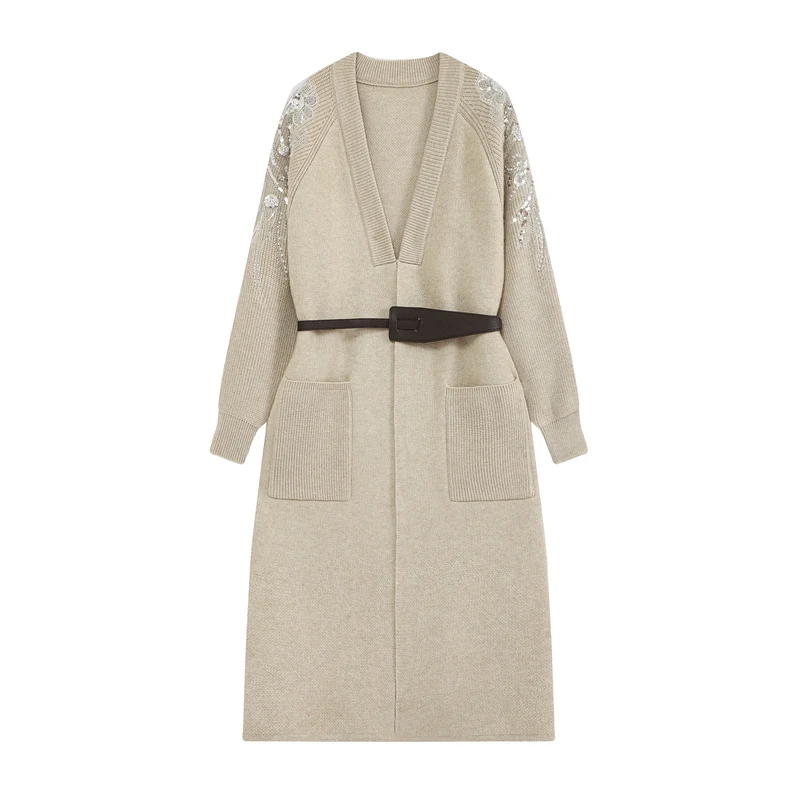 Damen Lange Strickjacke mit Gürtel, tiefem V‑Ausschnitt und bestickten Paillettenärmeln Drune