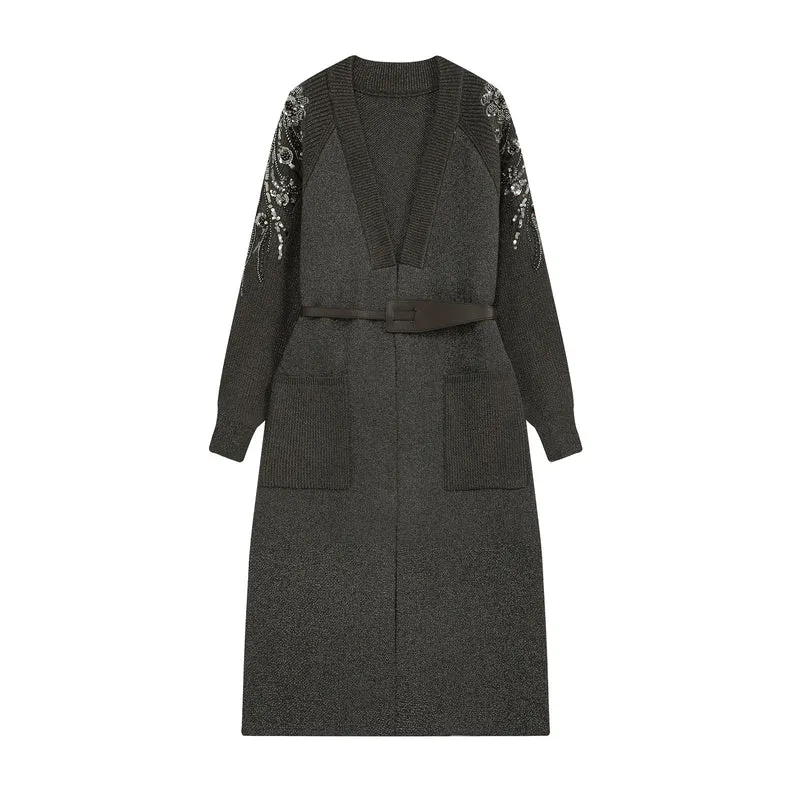 Damen Lange Strickjacke mit Gürtel, tiefem V‑Ausschnitt und bestickten Paillettenärmeln Drune