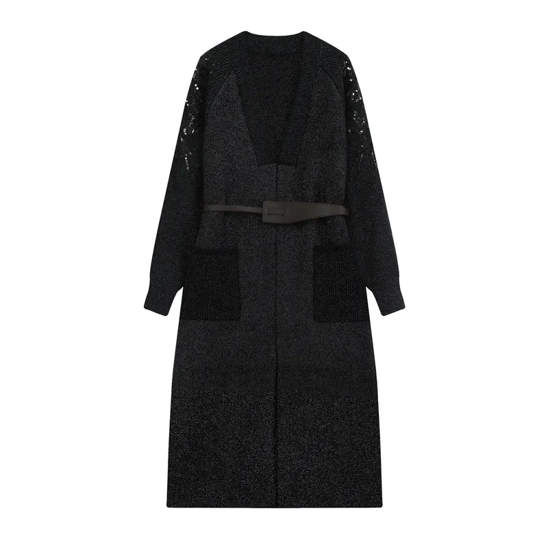 Damen Lange Strickjacke mit Gürtel, tiefem V‑Ausschnitt und bestickten Paillettenärmeln Drune