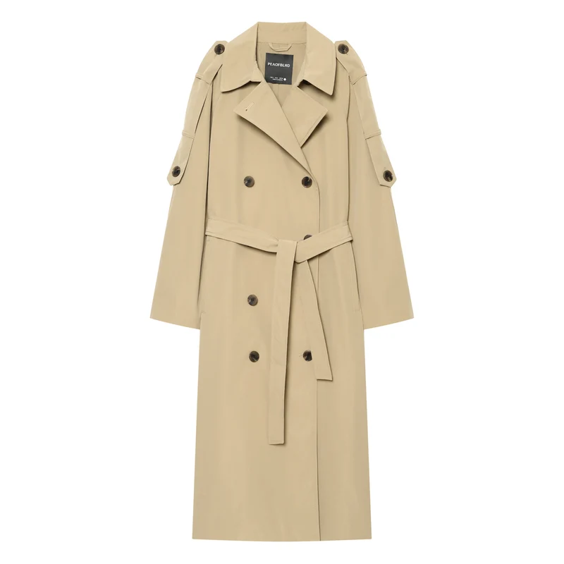 Damen Lange klassische Zweireiher‑Trench mit Bindegürtel und Ärmelriegel Drune