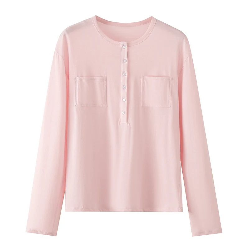 Damen Langarm-Henleyshirt aus Baumwollmix mit Rundhalsausschnitt, Brusttaschen und lockerer Passform Drune
