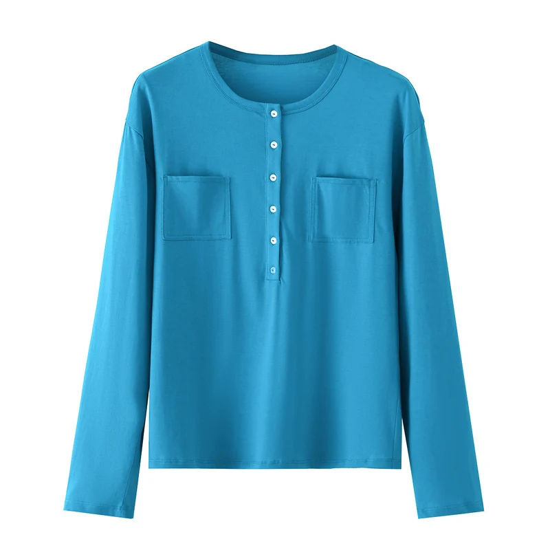 Damen Langarm-Henleyshirt aus Baumwollmix mit Rundhalsausschnitt, Brusttaschen und lockerer Passform Drune