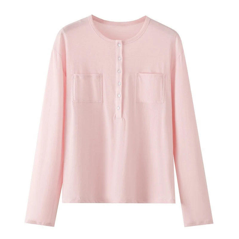 Damen Langarm-Henleyshirt aus Baumwollmix mit Rundhalsausschnitt, Brusttaschen und lockerer Passform Drune