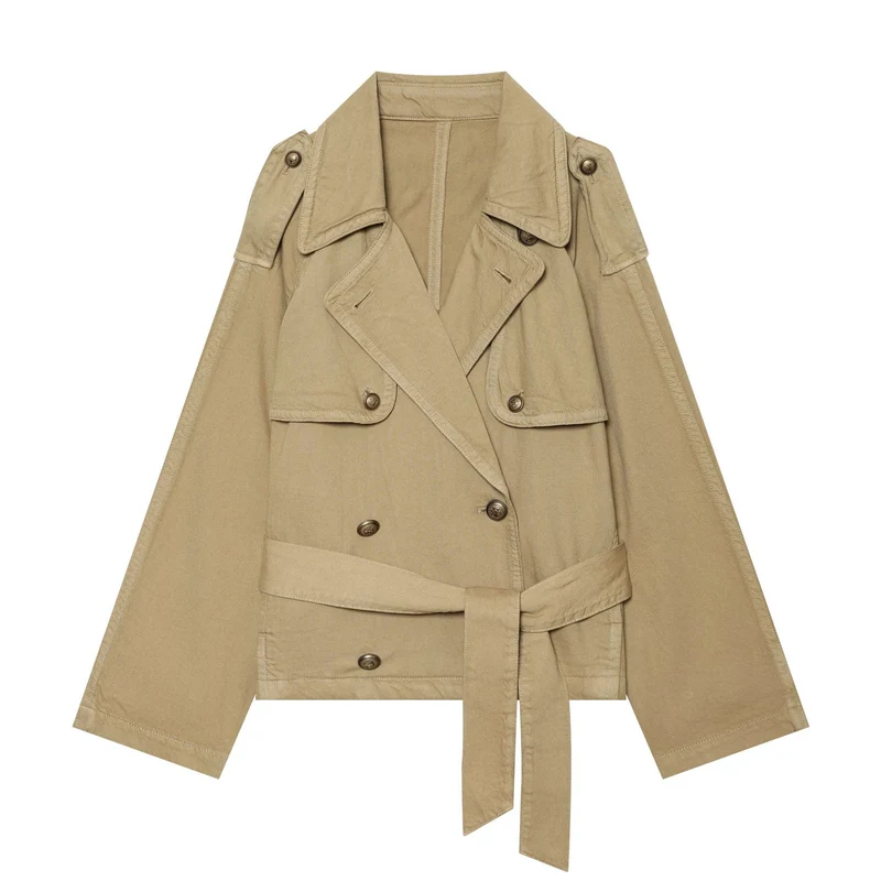 Damen Kurztaillierter Trenchblouson mit Gürtel, Epauletten und doppelreihiger Knopfleiste Drune