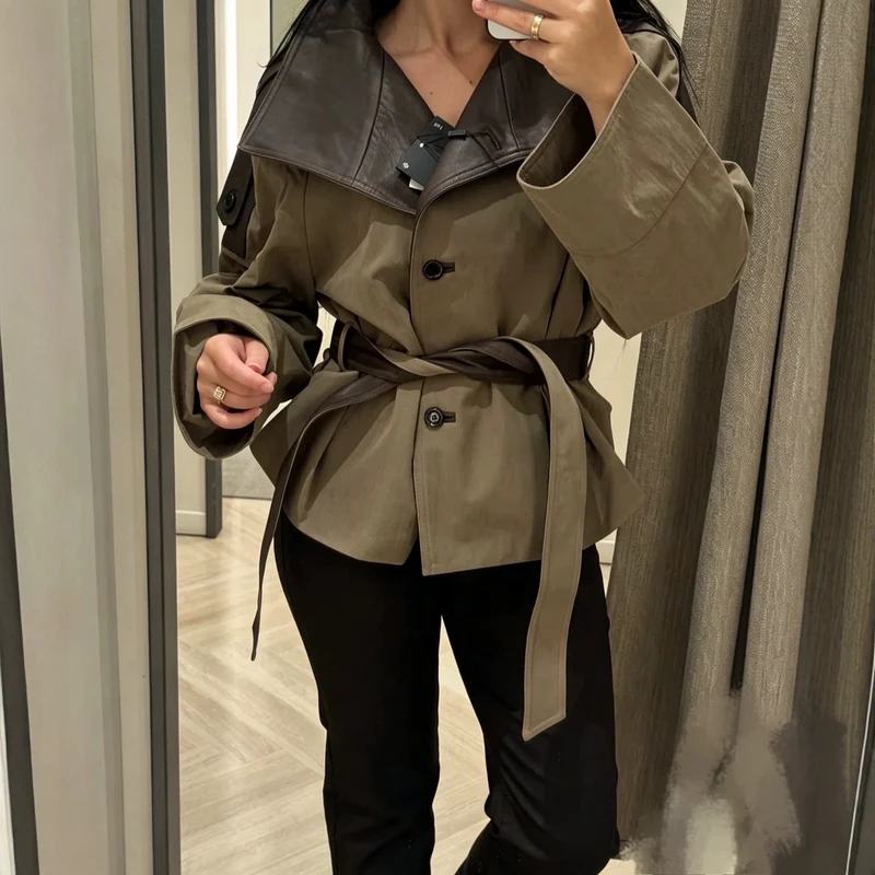 Damen Kurzjacke mit übergroßem Lederkragen und Bindegürtel Drune