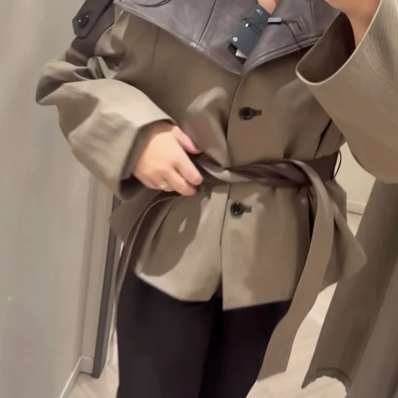Damen Kurzjacke mit übergroßem Lederkragen und Bindegürtel Drune