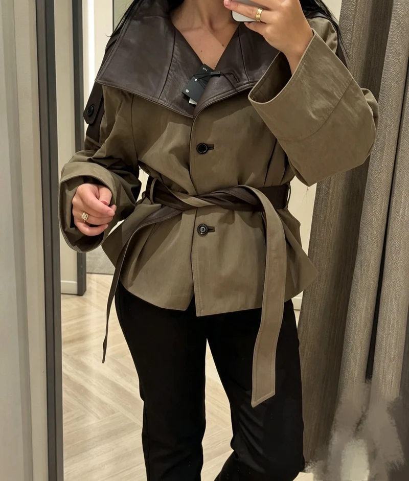 Damen Kurzjacke mit übergroßem Lederkragen und Bindegürtel Drune