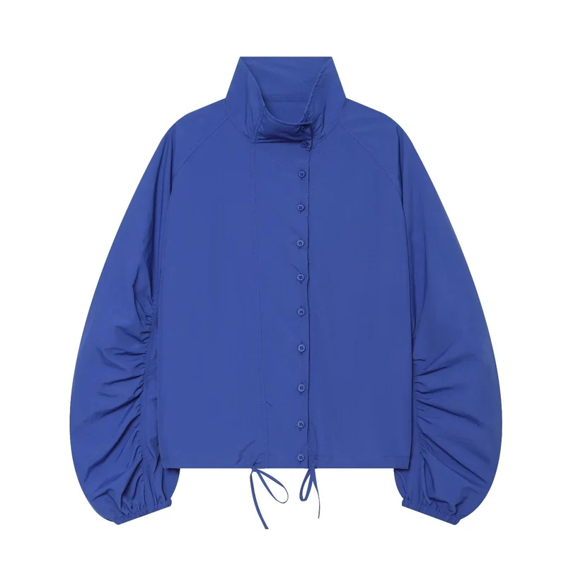 Damen Kurzjacke mit gerafften Ballonärmeln, Stehkragen und Tunnelzug Drune