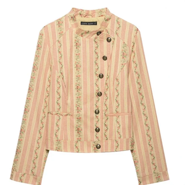 Damen Kurzjacke im Vintage-Streifen- und Blumenmuster mit Stehkragen und dekorativer Knopfleiste Drune