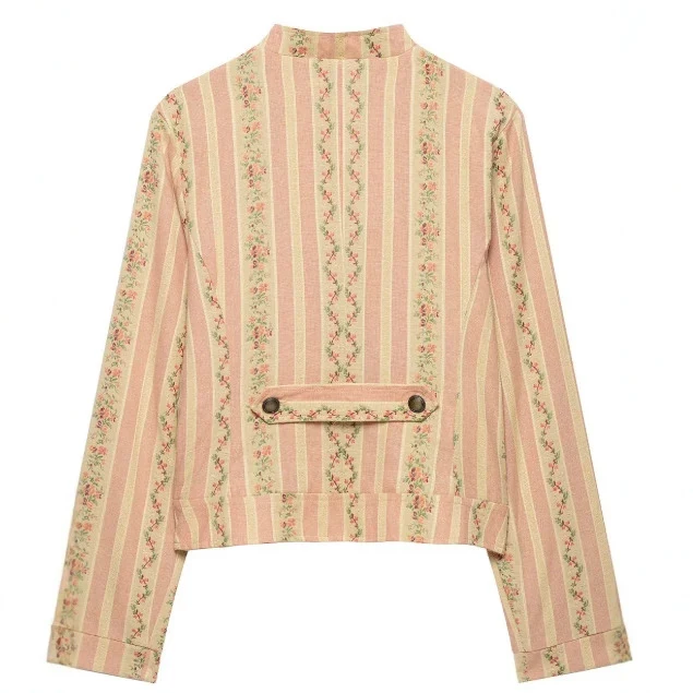 Damen Kurzjacke im Vintage-Streifen- und Blumenmuster mit Stehkragen und dekorativer Knopfleiste Drune