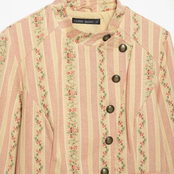 Damen Kurzjacke im Vintage-Streifen- und Blumenmuster mit Stehkragen und dekorativer Knopfleiste Drune
