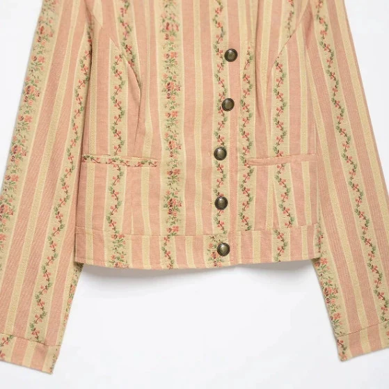 Damen Kurzjacke im Vintage-Streifen- und Blumenmuster mit Stehkragen und dekorativer Knopfleiste Drune