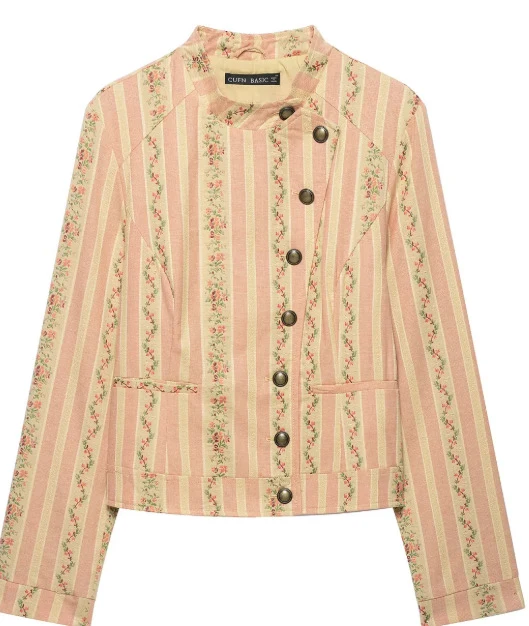 Damen Kurzjacke im Vintage-Streifen- und Blumenmuster mit Stehkragen und dekorativer Knopfleiste Drune