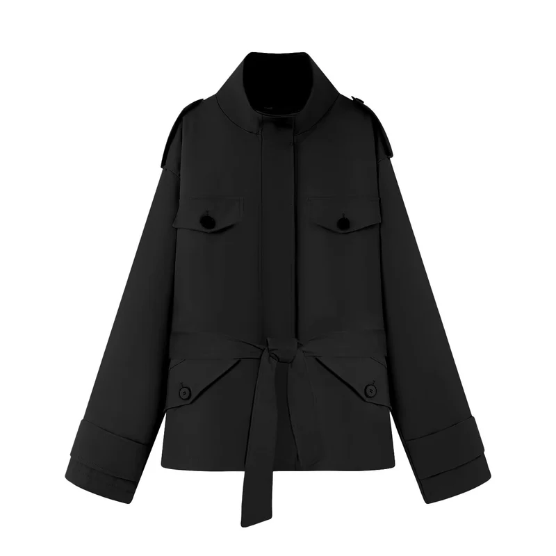 Damen Kurzjacke im Utility‑Stil mit Taillengürtel und Schulterklappen Drune