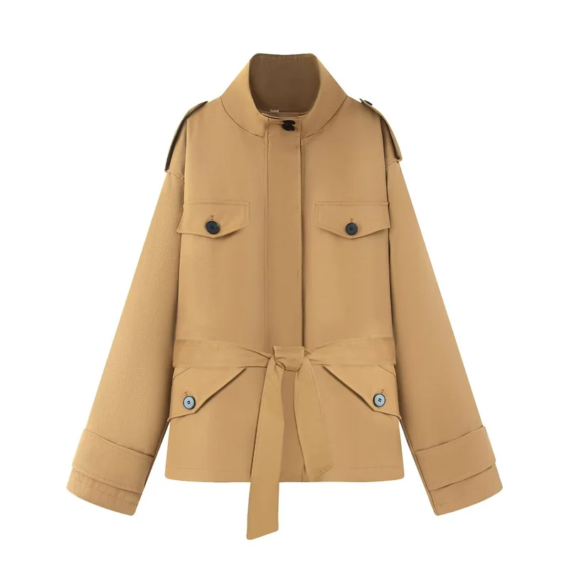 Damen Kurzjacke im Utility‑Stil mit Taillengürtel und Schulterklappen Drune
