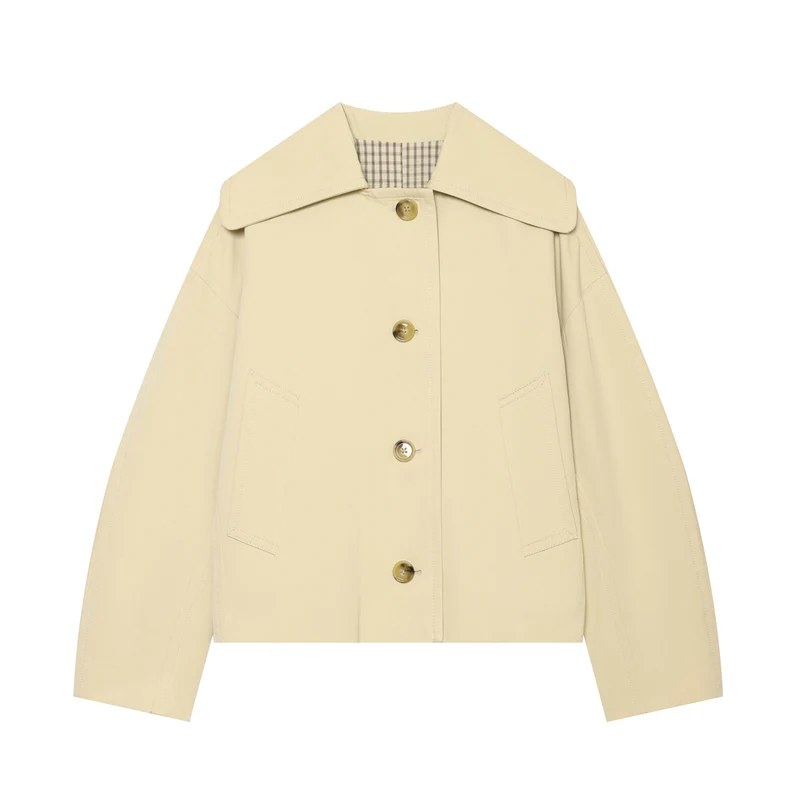 Damen Kurzjacke im modernen Trench‑Look mit übergroßem Kentkragen, kastiger Silhouette und aufgesetzten Taschen Drune