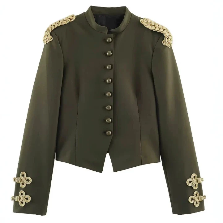 Damen Kurzjacke im Militärlook mit Stehkragen, goldenen Epauletten und dekorativen Zierknöpfen Drune