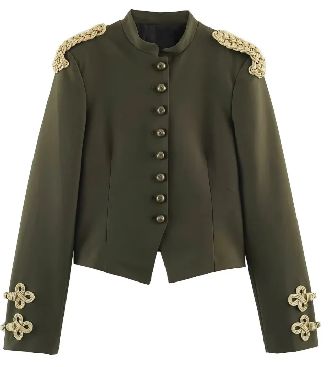 Damen Kurzjacke im Militärlook mit Stehkragen, goldenen Epauletten und dekorativen Zierknöpfen Drune