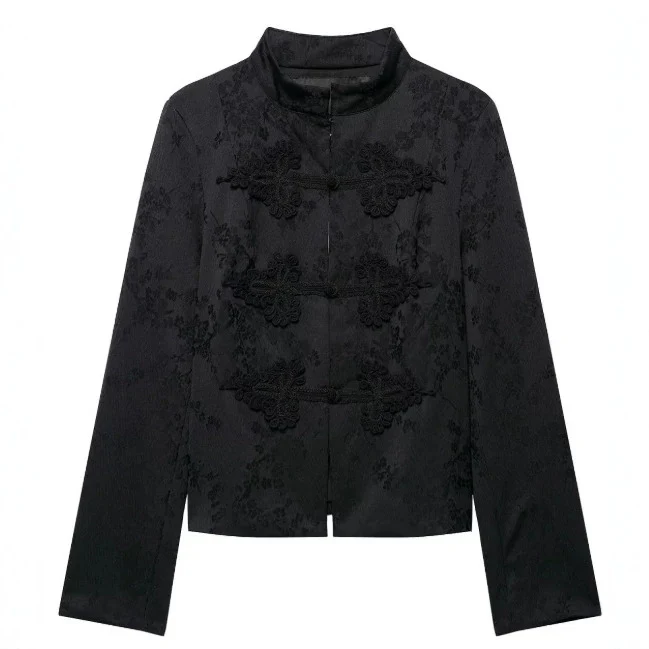 Damen Kurzjacke im Brokat-Look mit Stehkragen und Zierfroschverschlüssen Drune