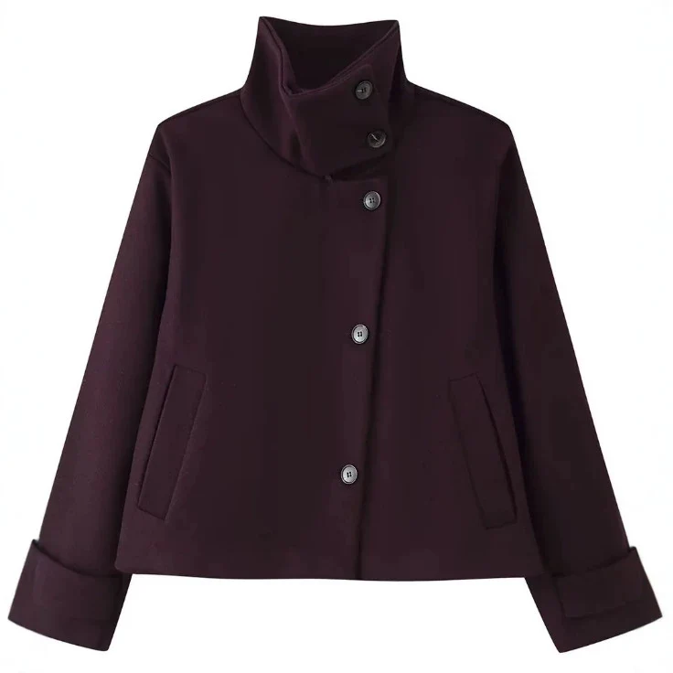 Damen Kurzjacke im Boxy‑Cut mit hohem Stehkragen und Hornknöpfen Drune