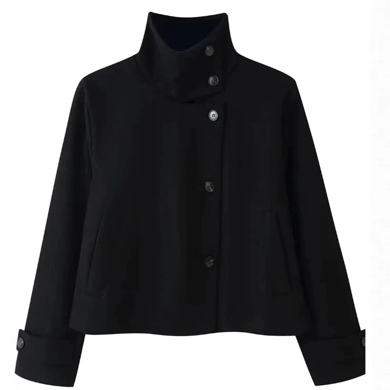 Damen Kurzjacke im Boxy‑Cut mit hohem Stehkragen und Hornknöpfen Drune