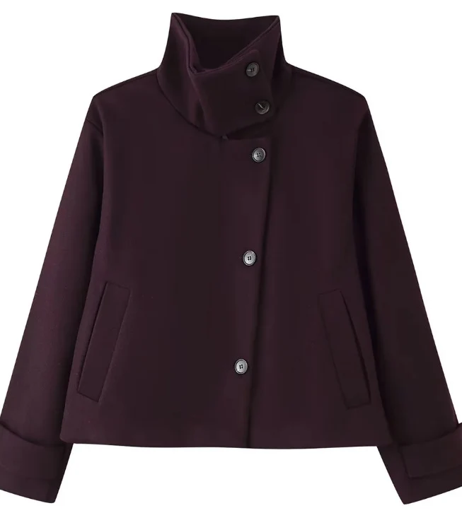 Damen Kurzjacke im Boxy‑Cut mit hohem Stehkragen und Hornknöpfen Drune