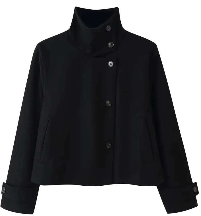 Damen Kurzjacke im Boxy‑Cut mit hohem Stehkragen und Hornknöpfen Drune