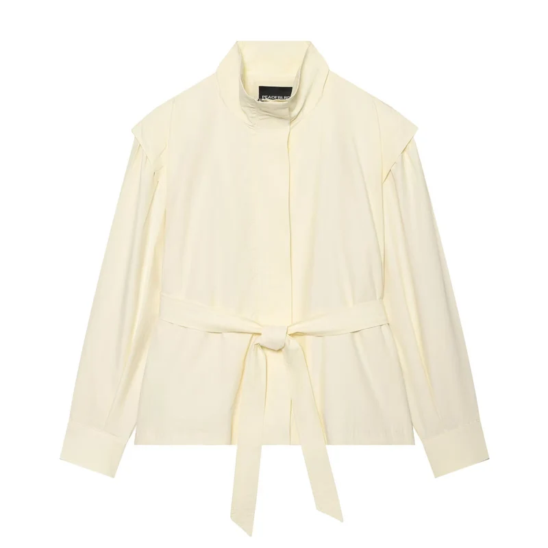 Damen Kurzjacke im Blousonstil mit Stehkragen, Bindegürtel und Cape‑Schulter Drune