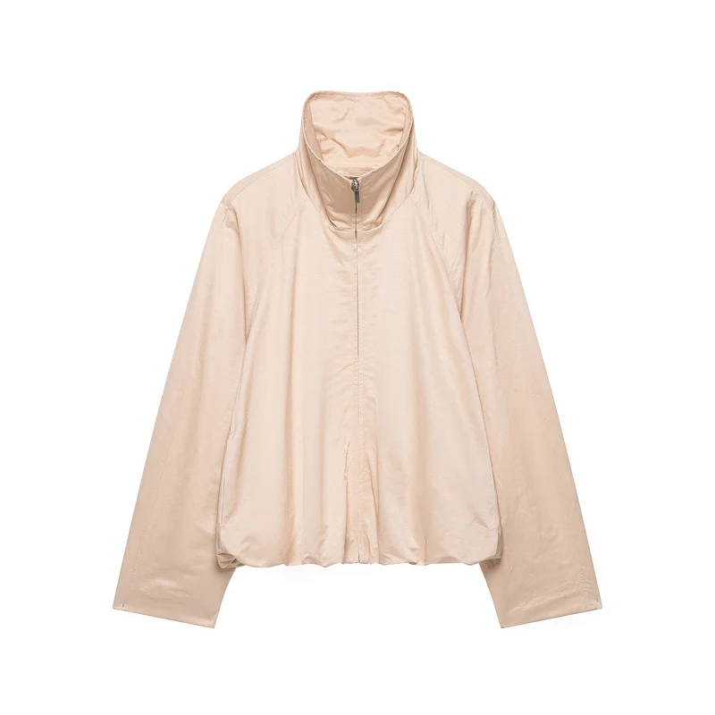 Damen Kurzjacke im Blousonstil mit hohem Stehkragen, Tunnelzugbund und Ballonärmeln Drune