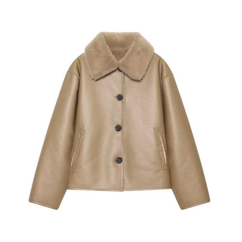 Damen Kurzjacke im Aviator-Style aus Kunstleder mit breitem Fellkragen Drune