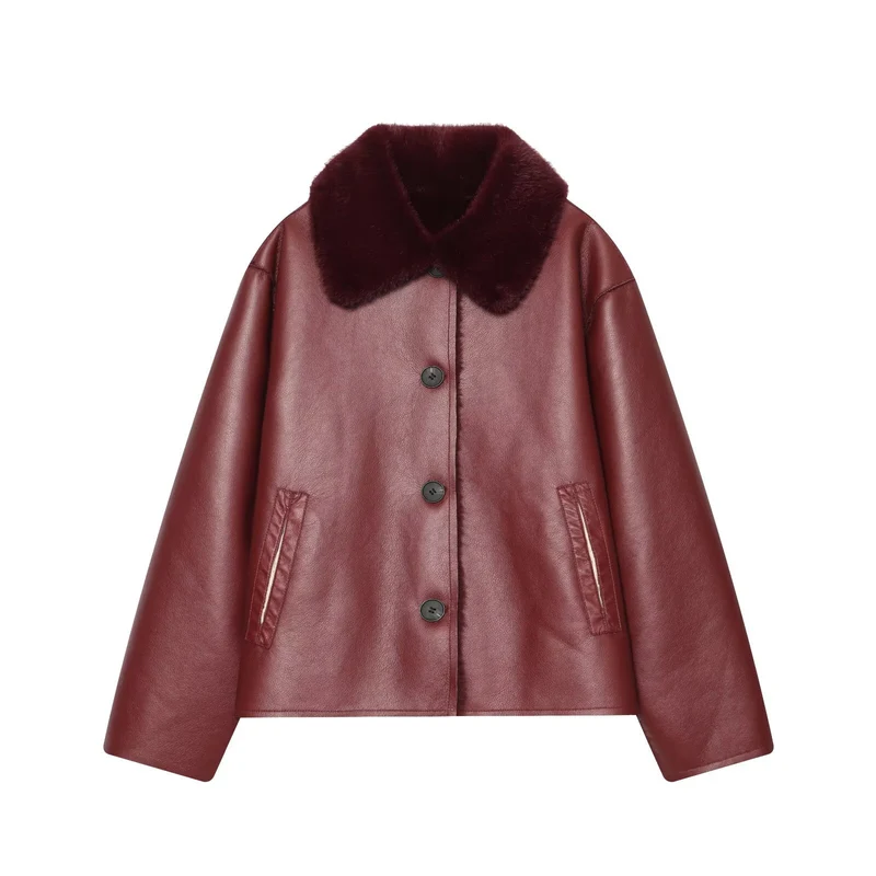 Damen Kurzjacke im Aviator-Style aus Kunstleder mit breitem Fellkragen Drune