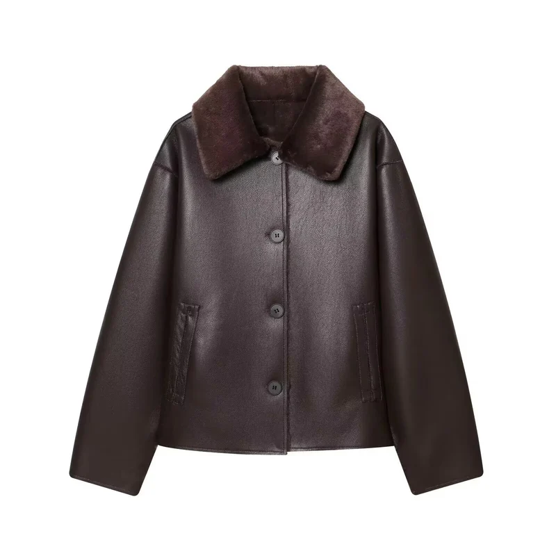 Damen Kurzjacke im Aviator-Style aus Kunstleder mit breitem Fellkragen Drune
