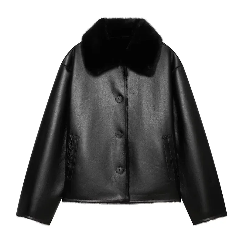 Damen Kurzjacke im Aviator-Style aus Kunstleder mit breitem Fellkragen Drune